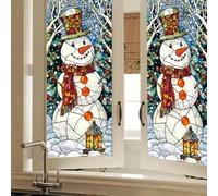 HOMETITUTE Snowman Window Film 17.7 x 39.3 Inch Stained Glass Static Cling Privacy Window Sticker with Lantern and Trees for Winter Holiday Christmas Home Decorative Seasonal Window Clings