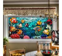 HOMETITUTE Stained Glass Window Film Colorful Fish & Coral Pattern 39.3x17.7 inches PVC Static Cling Sticker Non-Adhesive Removable Reusable for Glass Door Home and Office Bedrooms