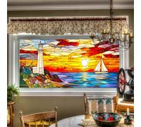 HOMETITUTE Stained Glass Window Film Lighthouse Sunset Sailboat Decorative Window Clings Ocean Seascape Privacy Glass Stickers for Home Office Living Room 39.3 × 17.7 Inchs