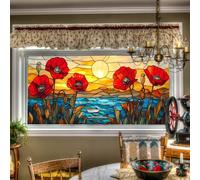 HOMETITUTE Stained Glass Window Film Red Poppy Flower Sunset Ocean Decorative Window Clings Privacy Glass Stickers for Home Living Room Bedroom Kitchen Sunlight Art Effect 39.3 × 17.7 Inchs