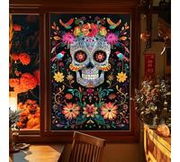 HOMETITUTE Sugar Skull Stained Glass Window Film 24x36 Inch PVC Day of The Dead Halloween Window Cling with Bright Floral Bird Art Static Window Sticker for Glass Día de Los Muertos Decoration
