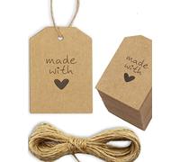HOMETOOLS.EU® 100 Kraft Paper Gift Tags, Paper Signs Made with Love with Jute String, 5.5 x 4 cm