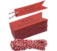HomeTools.eu® 100 Kraft Paper Gift Tags with 10 m Jute Twine Merry Christmas Red