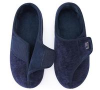 HomeTop Men's Adjustable Chenille Slippers Wide Fit Soft Comfy Non Slip Indoor House Shoes Navy Blue, 11 UK,12 US