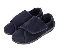 HomeTop Men's Corduroy Slippers Comfy Adjustable Hook and Loop Memory Foam Wide Indoor House Shoes for Diabetic Swollen Feet Navy, 10 UK