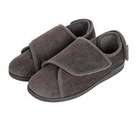 HomeTop Men's Corduroy Slippers Comfy Adjustable Hook and Loop Memory Foam Wide Indoor House Shoes for Diabetic Swollen Feet Dark Grey, 12 UK