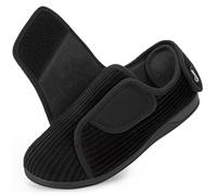 HomeTop Women's Corduroy Slippers Comfy Adjustable Hook and Loop Memory Foam Indoor Closed-back House Shoes for Diabetic Swollen Feet Matt Black, 8 UK