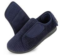 HomeTop Women's Corduroy Slippers Comfy Adjustable Hook and Loop Memory Foam Indoor Closed-back House Shoes for Diabetic Swollen Feet Navy, 6 UK