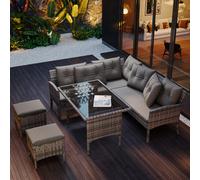 HomeTouch 7 Seater Garden Corner Sofa Set Outdoor Patio Dining Set With Cushions And Stools Uv-Resistant Pe Rattan And Tempered Glass Grey
