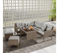 HomeTouch 7 Seater Rattan Garden Furniture Sofa Set with Cushions & Stools in Brown | Size: 1 Pack HomeTouch Brown 1 Pack