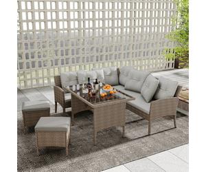 HomeTouch 7 Seater Rattan Garden Sofa Set Outdoor Patio Dining Set With Cushions And Stools Uv-Resistant Pe Rattan And Tempered Glass Beige