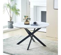 HomeTouch 80cm Modern White Marble Effect Round Dining Table with Black Metal Legs in Walnut | Size: 1 Pack HomeTouch Walnut 1 Pack