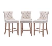 HomeTouch Beige Velvet Breakfast Bar Stools With Backs & Wooden Legs Set Of 3