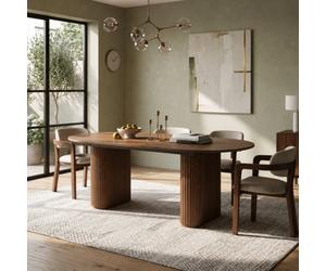 HomeTouch Bistro Walnut Wood Effect Extendable Dining Table With Fluted Wood Legs, Farmhouse Silver Oak Kitchen Table Oval Dinner Tables