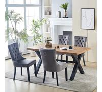 HomeTouch Cero Live Edge Oak Wood Veneer Dining Table And 4 Grey Luxury Velvet Dining Chairs Dining Room Furniture Sets