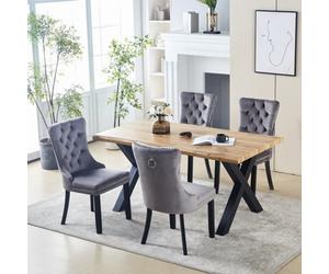 HomeTouch Cero Live Edge Oak Wood Veneer Dining Table And 4 Grey Luxury Velvet Dining Chairs Dining Room Furniture Sets