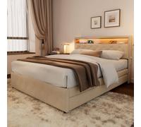 HomeTouch Ethan Upholstered LED Double Bed Frame with 4 Storage Drawers 4ft6 in Beige HomeTouch Beige Double