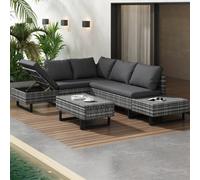 HomeTouch Grey Outdoor Garden Rattan Corner Sofa Set With Recliner Seat And Side Table Coffee Table