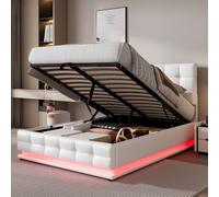 HomeTouch Kelly Double PU Faux Leather Ottoman Storage Bed with LED 4ft6 in White HomeTouch White Double