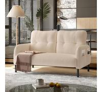 HomeTouch Modern Fabric Upholstered 2-Seater Double Sofa With Side Pockets & Armrests Beige Loveseat