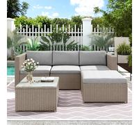 HomeTouch Outdoor Rattan Corner Sofa Set with Glass Top Coffee Table in Khaki | Size: 3 Pack HomeTouch Khaki 3 Pack