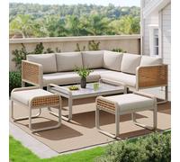 HomeTouch Rattan 7 Seater Outdoor Furniture Set with Stools & Coffee Table Grey in Beige | Size: 5 Pack HomeTouch Beige 5 Pack