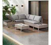 HomeTouch Rattan Garden Patio Corner Sofa Set With Recliner Seat And Coffee Table