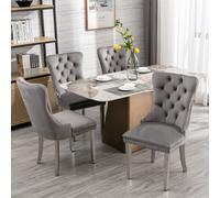 HomeTouch Selma Set of 4 Luxury Velvet Kitchen Dining Chairs with Silver Steel Legs in Grey | Size: 4 Pack HomeTouch Grey 4 Pack
