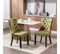 HomeTouch Set Of 2 Lux Velvet Tufted Dining Chairs With Pull Knocker, Wing Back Kitchen Chairs Home Office Bedroom Chairs Olive Green