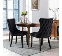 HomeTouch Set Of 2 Lux Velvet Tufted Kitchen Dining Chairs With Wooden Legs, High Back Office Bedroom Chairs Black