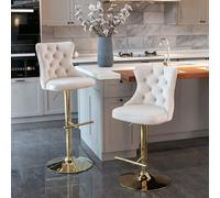 HomeTouch Set Of 2 Luxury Beige Velvet Adjustable Swivel Bar Stools With Gold Base