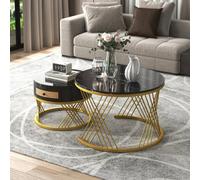 HomeTouch Set Of 2 Marble Effect Round Coffee Table With Rattan Drawers And Wood Handles Black Nesting Table