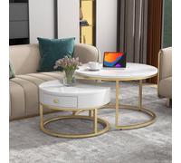 HomeTouch Set of 2 Marble Effect Round Coffee Tables with Gold Frame in White | Size: 2 Pack HomeTouch White 2 Pack