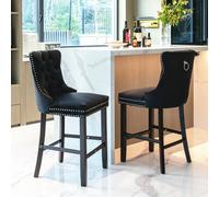 HomeTouch Set Of 2 Velvet Bar Stools, Kitchen Breakfast Barstools With Wooden Legs Bar Chairs For Counter Black