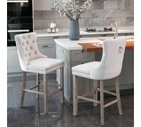 HomeTouch Set Of 2 Velvet Bar Stools Kitchen Breakfast Barstools With Wooden Legs Bar Chairs For Counter Beige