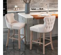 HomeTouch Set Of 2 Velvet Upholstered Bar Stools With Solid Oak Legs, Elegant Comfort For Modern Homes