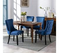 HomeTouch Set Of 4 Lux Velvet Tufted Kitchen Dining Chairs Wing High Back Office Bedroom Chairs Blue