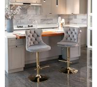 HomeTouch Set Of 4 Luxury Grey & Gold Velvet Swivel Bar Stools