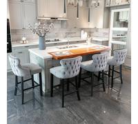 HomeTouch Set of 4 Luxury Modern Velvet Upholstered Bar Stools Breakfast Kitchen Barstools with Wood Legs Grey | Size: 4 Pack HomeTouch Grey 4 Pack