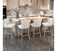 HomeTouch Set Of 4 Velvet Upholstered Bar Stools With Solid Oak Legs, Elegant Comfort For Modern Homes