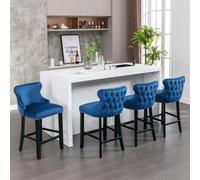 HomeTouch Set Of 6 Blue Velvet Upholstered Bar Stools With Wood Legs