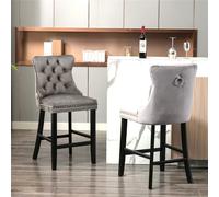 HomeTouch Set of 6 Grey Velvet Kitchen Breakfast Bar Stools with Wooden Legs | Size: 6 Pack HomeTouch Grey 6 Pack