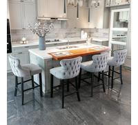 HomeTouch Set Of 6 Grey Velvet Upholstered Bar Stools With Wood Legs