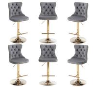 HomeTouch Set Of 6 Luxury Grey Velvet Adjustable Swivel Bar Stools With Gold Base