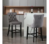 HomeTouch Set Of 6 Velvet Upholstered Bar Stools Kitchen Breakfast Barstools With Wooden Legs Bar Chairs For Counter Grey