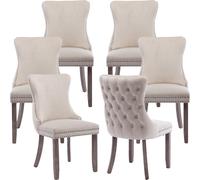 HomeTouch Sierra Set of 6 Lux Dining Chairs Velvet Tufted Wing Back Kitchen Chairs with Oak Wood Legs in Beige | Size: 6 Pack HomeTouch Beige 6 Pack
