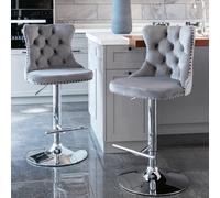 HomeTouch Vero Set Of 2 Velvet Upholstered Swivel Bar Stools With Chrome Base Breakfast Bar Chairs Counter Barstools Grey