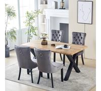 HomeTouch Weston Live Edge Oak Dining Table Set & 4 Velvet Upholstered Dining Chairs, 160cm Kitchen Table Set in Grey | Size: 5 Pack HomeTouch Grey 5 Pack