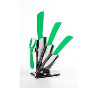 Hometric Ceramic Knife Sets with Block, 4 Piece Kitchen Knives Set with Ergonomic Handle, Rust Resistant and Light Weight Knife Block Set with Knives and Vegetable Peeler (Green)