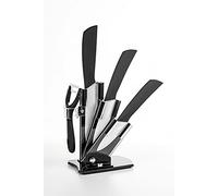 Hometric Ceramic Knife Sets with Block, 4 Piece Kitchen Knives Set with Ergonomic Handle, Rust Resistant and Light Weight Knife Block Set with Knives and Vegetable Peeler (Black)